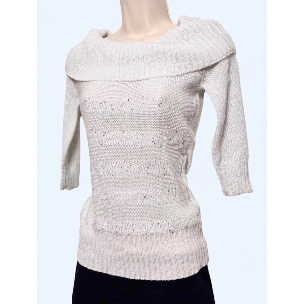 Vintage Y2K Iz Byer White Sequined Fitted Sweater Top Foldover Collar